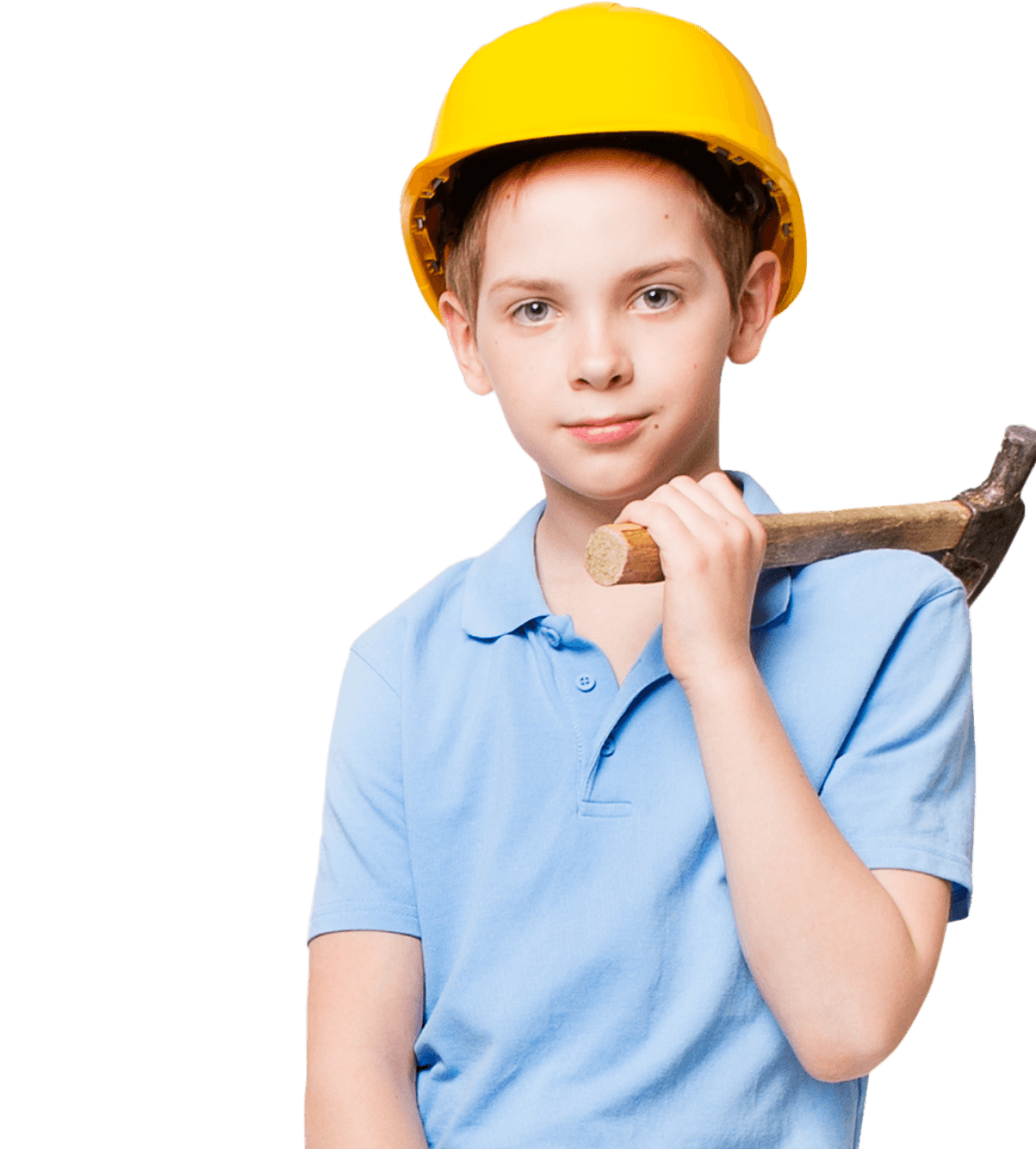 A boy holds a hammer over his shoulder with a construction hat on