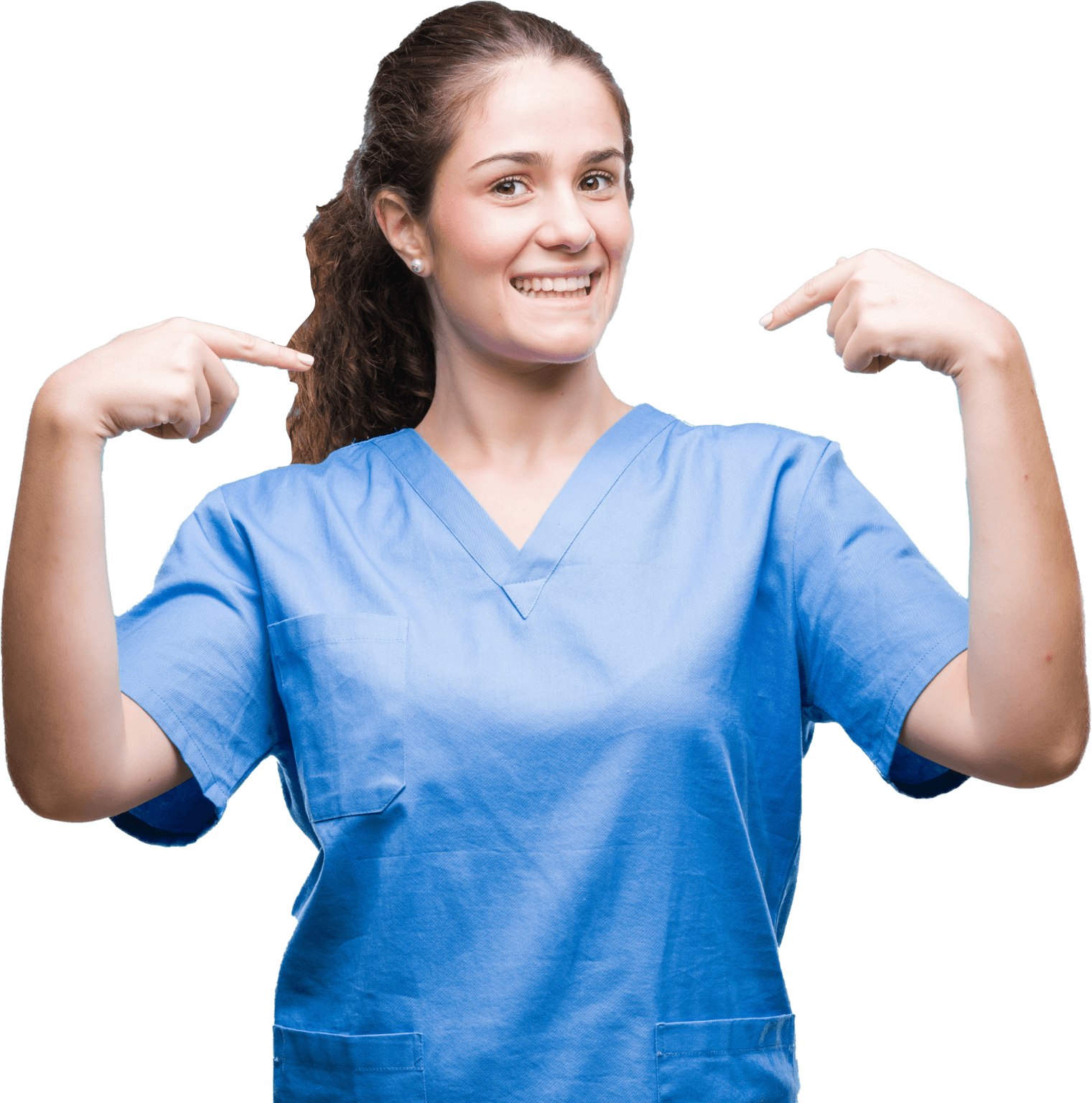 A woman in scrubs points to herself